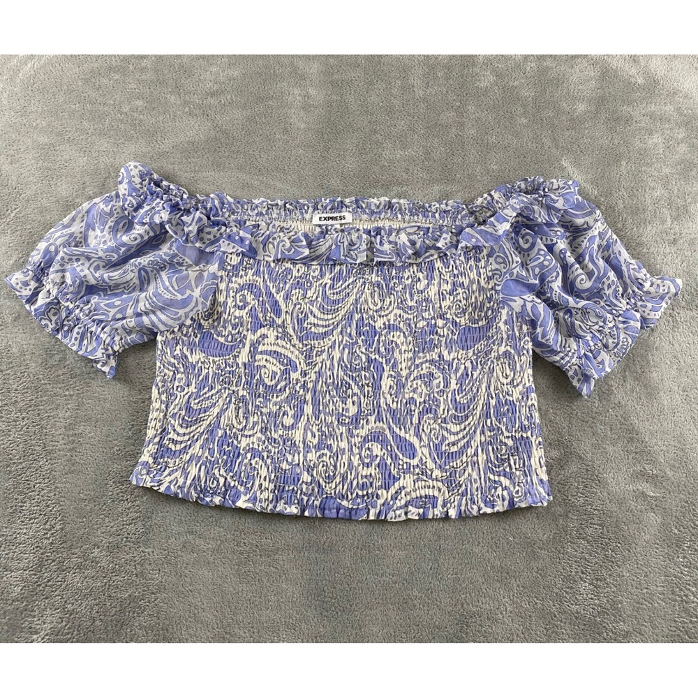 Express Womens Blue White Paisley Smocked Off The Shoulder Puff Sleeve Top L